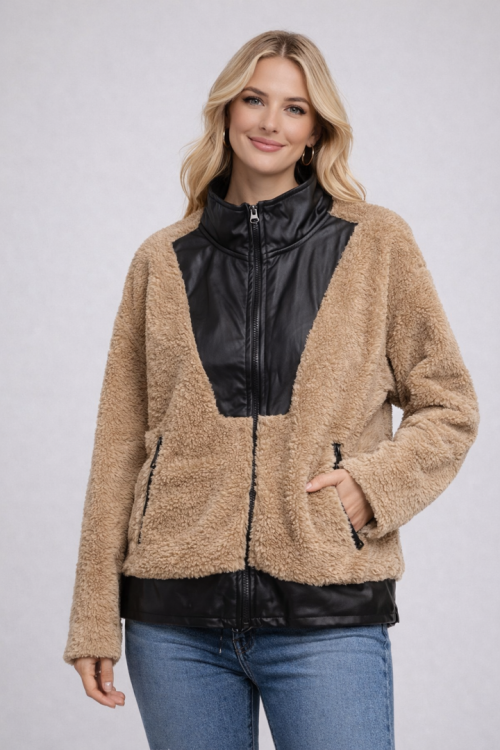 Deri Detaylı Peluş  Ceket