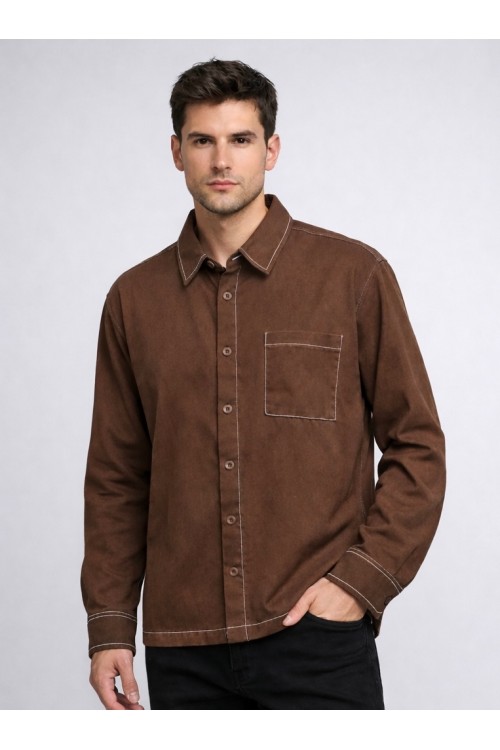 DÜĞMELİ KAHVERENGİ UZUN KOLLU ERKEK GÖMLEK