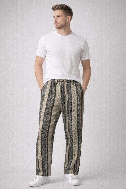ÇİZGİLİ KESİM ERKEK KETEN PANTOLON