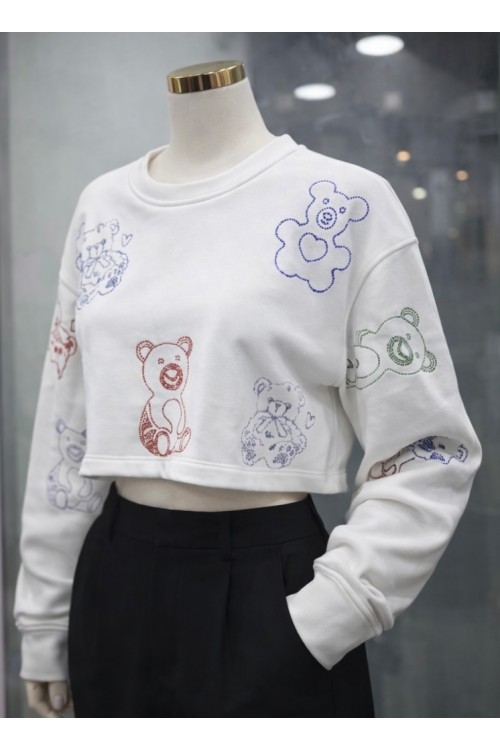 RENKLİ AYICIK BASKILI BEYAZ KADIN SWEATSHİRT