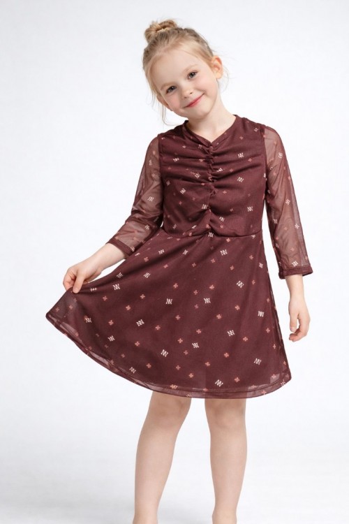 KIZ ÇOCUK KAHVERENGİ UZUN KOLLU BOHEM ELBİSE