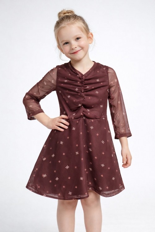 KIZ ÇOCUK KAHVERENGİ UZUN KOLLU BOHEM ELBİSE